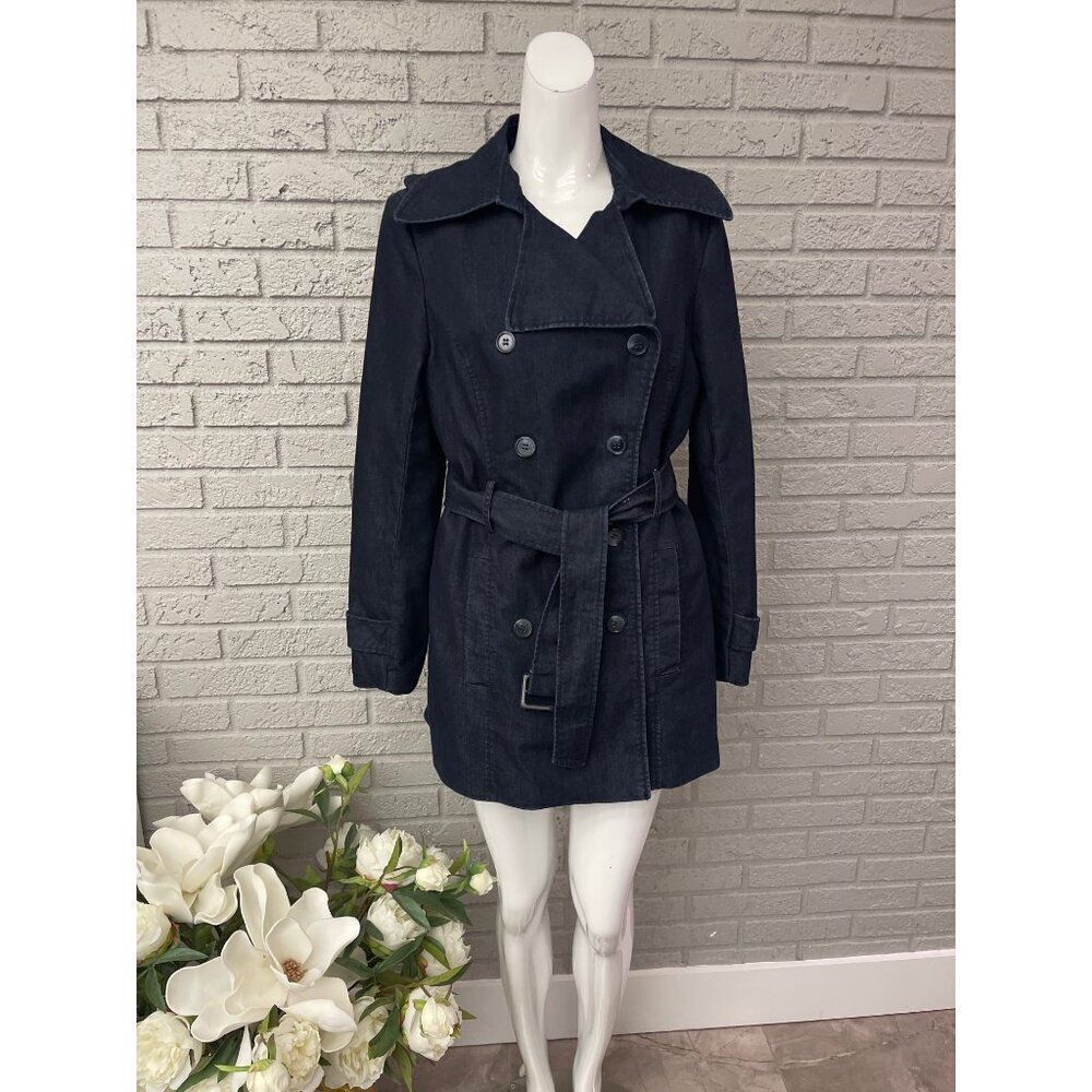 Vince Camuto Women Double Breasted Dark Blue Denim Coat with Belt Size L